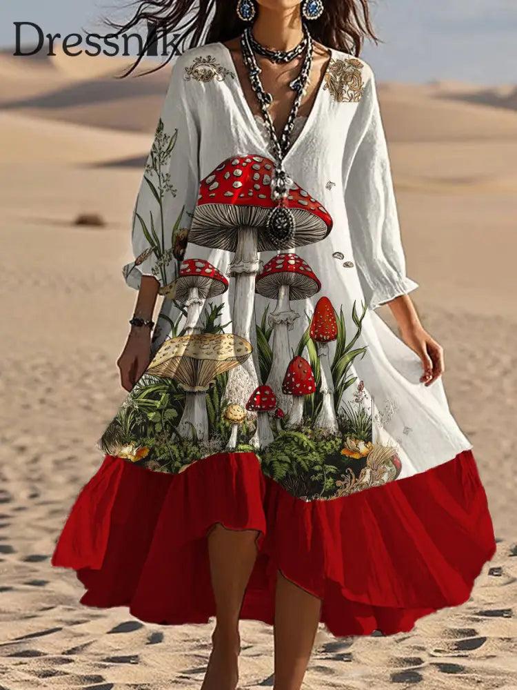 Vintage böhmisches V-förmiges Pilz-Kunstdruck-lässiges elegantes Mode-Doppel kleid A / S