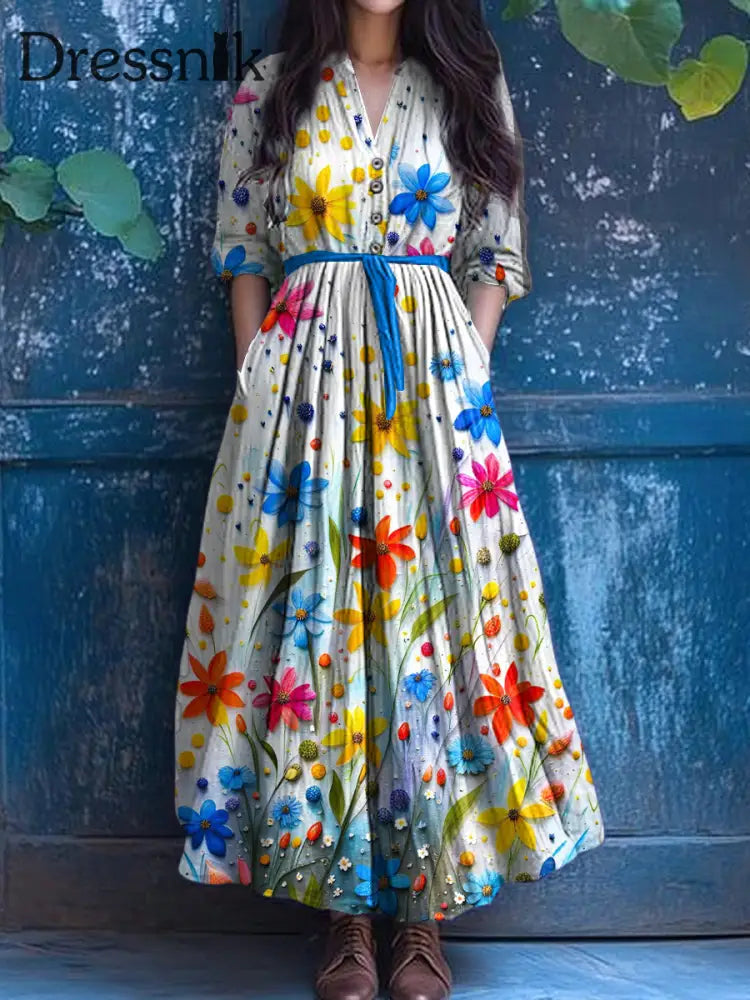 Vintage Bohemian-Blumen druck mit V-Ausschnitt Elegantes schickes lockiges Midi-Kleid A / S