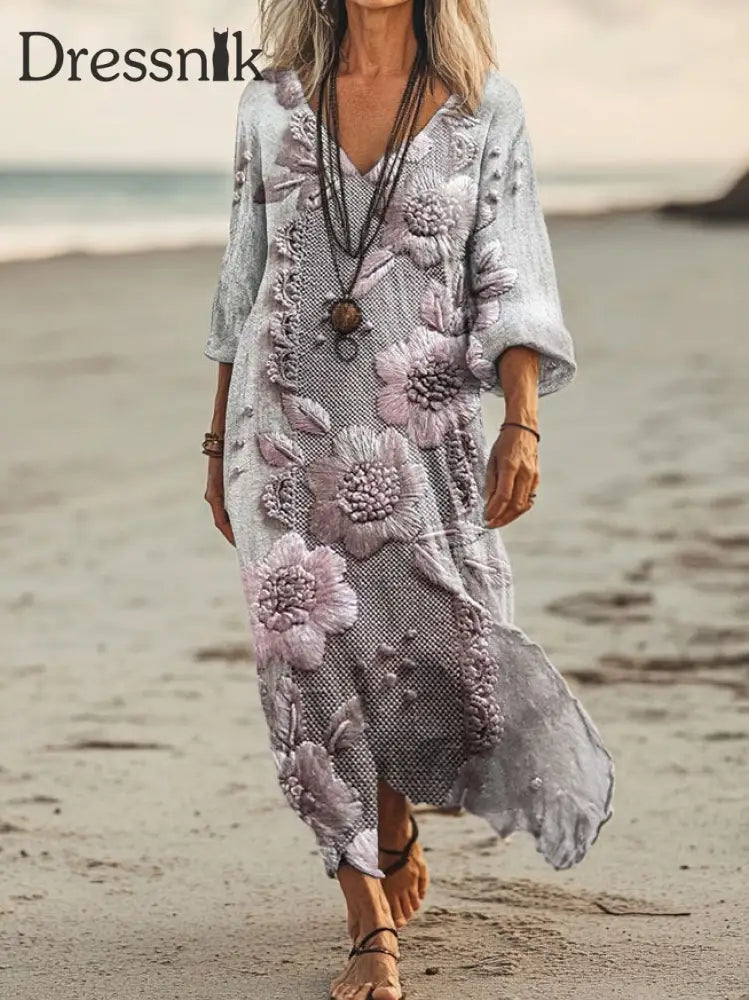 Vintage Bohemian-Blumen druck mit V-Ausschnitt Elegantes schickes lockiges Midi-Kleid A / S