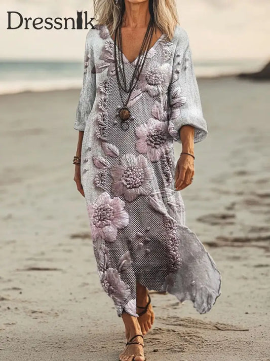 Vintage Bohemian-Blumen druck mit V-Ausschnitt Elegantes schickes lockiges Midi-Kleid A / S