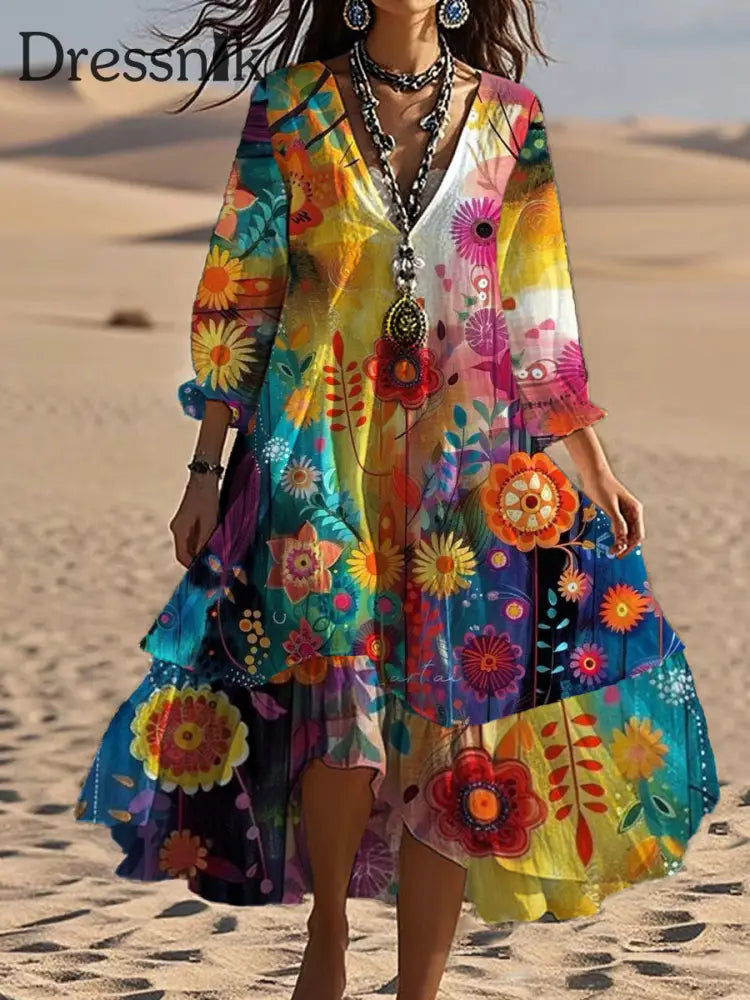 Vintage Bohemian-Blumen druck mit V-Ausschnitt Elegantes schickes lockiges Midi-Kleid A / S