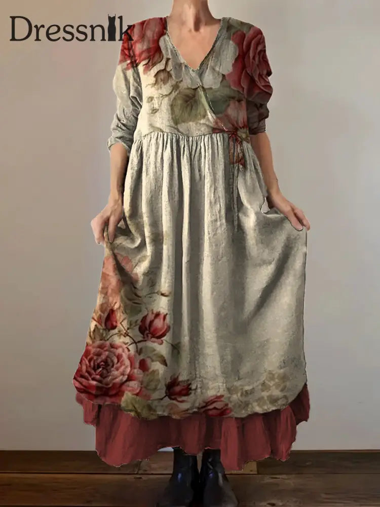 Vintage Bohemian-Blumen druck mit V-Ausschnitt Elegantes schickes lockiges Midi-Kleid A / S