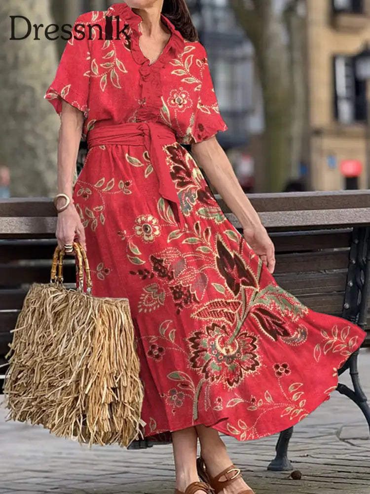 Vintage Bohemian-Blumen druck mit V-Ausschnitt Elegantes schickes lockiges Midi-Kleid A / S