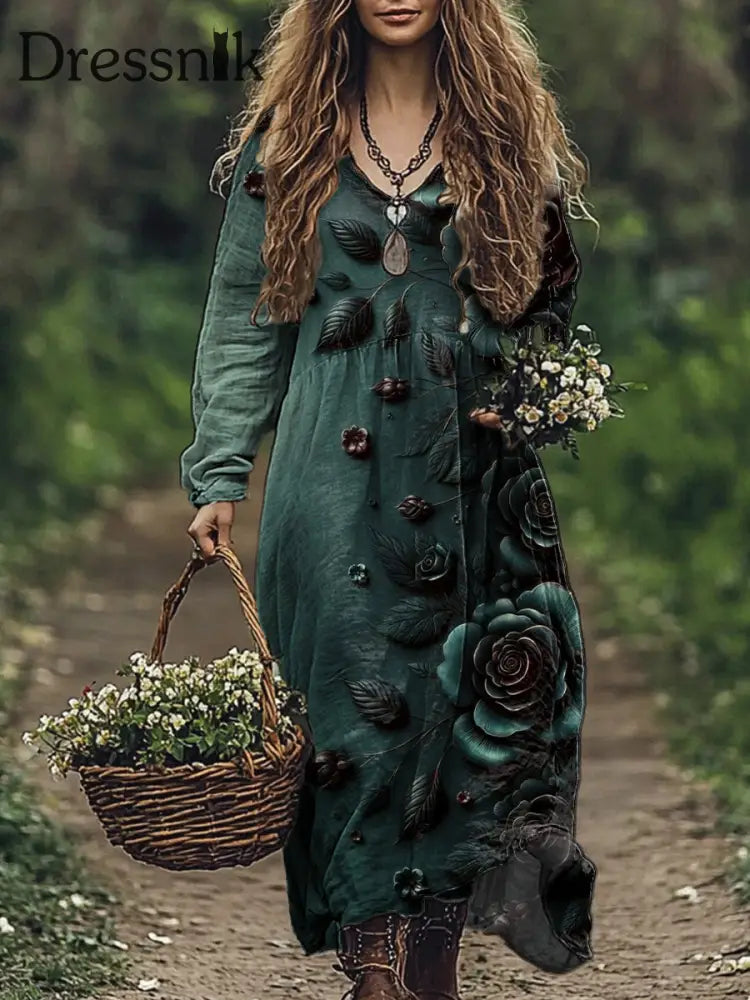 Vintage Bohemian-Blumen druck mit V-Ausschnitt Elegantes schickes lockiges Midi-Kleid A / S