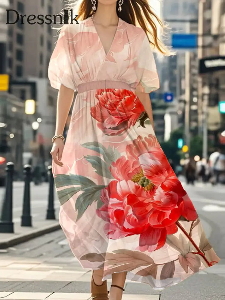 Vintage Bohemian-Blumen druck mit V-Ausschnitt Elegantes schickes lockiges Midi-Kleid A / S