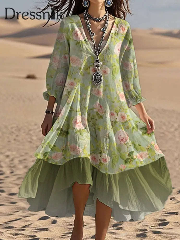 Vintage Bohemian-Blumen druck mit V-Ausschnitt Elegantes schickes lockiges Midi-Kleid A / S