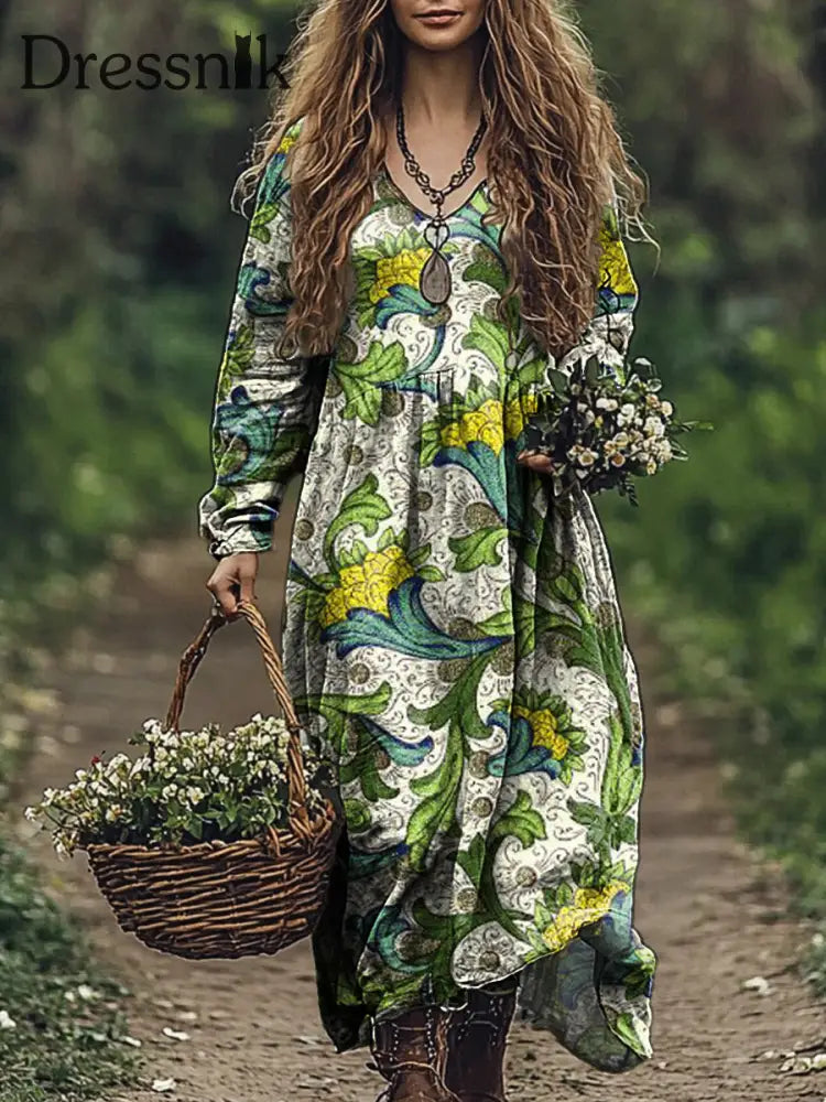 Vintage Bohemian-Blumen druck mit V-Ausschnitt Elegantes schickes lockiges Midi-Kleid A / S