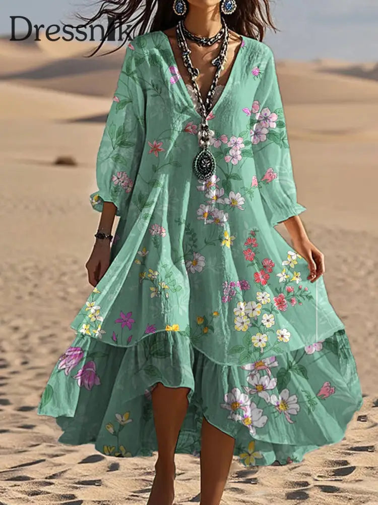 Vintage Bohemian-Blumen druck mit V-Ausschnitt Elegantes schickes lockiges Midi-Kleid A / S