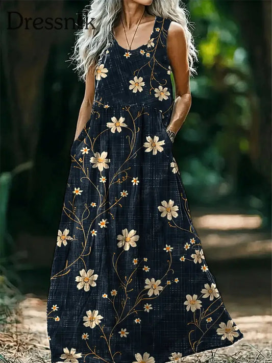 Vintage Bohemian-Blumen druck mit V-Ausschnitt Elegantes schickes lockiges Midi-Kleid A / S