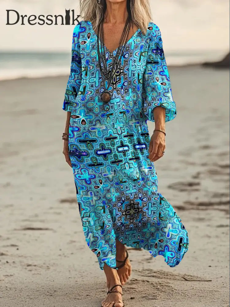 Vintage Bohemian-Blumen druck mit V-Ausschnitt Elegantes schickes lockiges Midi-Kleid A / S