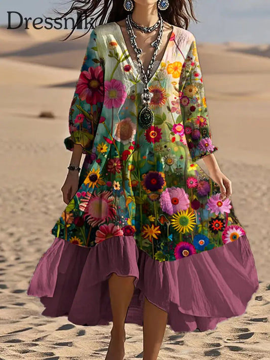 Vintage Bohemian-Blumen druck mit V-Ausschnitt Elegantes schickes lockiges Midi-Kleid A / S