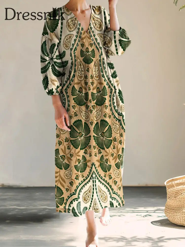 Vintage Bohemian-Blumen druck mit V-Ausschnitt Elegantes schickes lockiges Midi-Kleid A / S