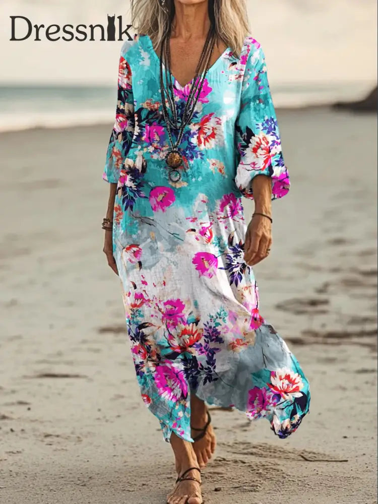 Vintage Bohemian-Blumen druck mit V-Ausschnitt Elegantes schickes lockiges Midi-Kleid A / S