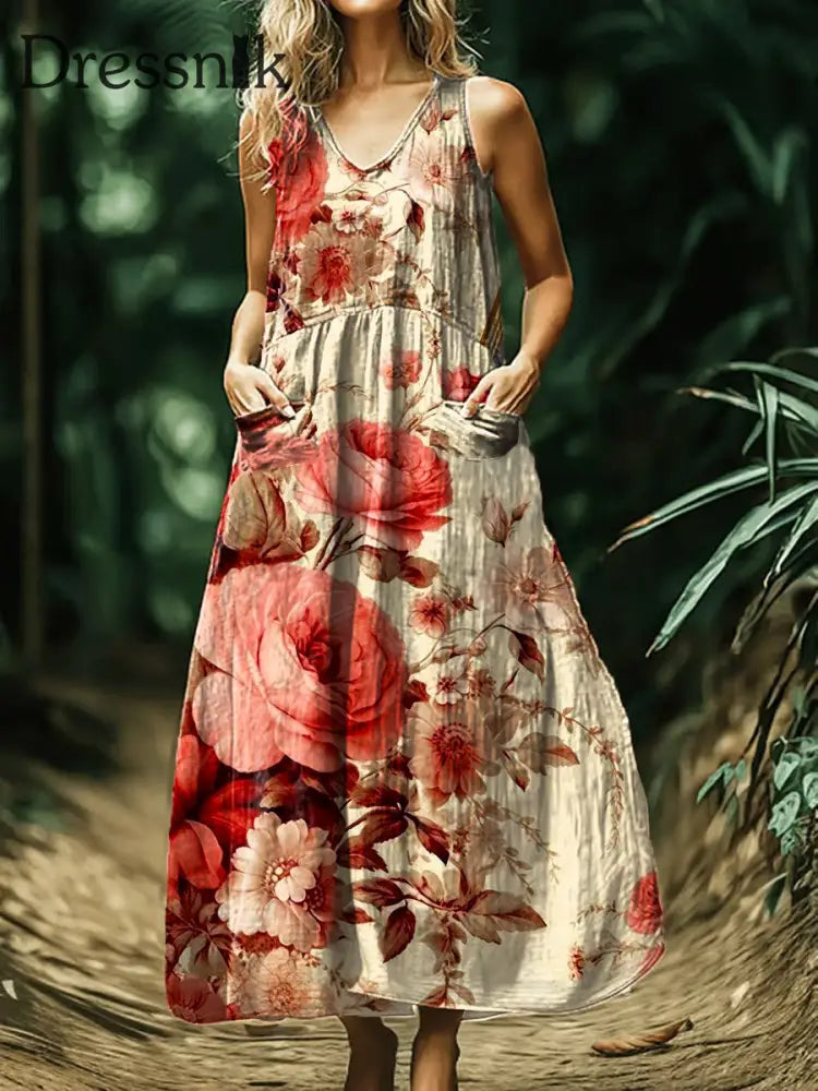 Vintage Bohemian-Blumen druck mit V-Ausschnitt Elegantes schickes lockiges Midi-Kleid A / S