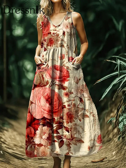 Vintage Bohemian-Blumen druck mit V-Ausschnitt Elegantes schickes lockiges Midi-Kleid A / S