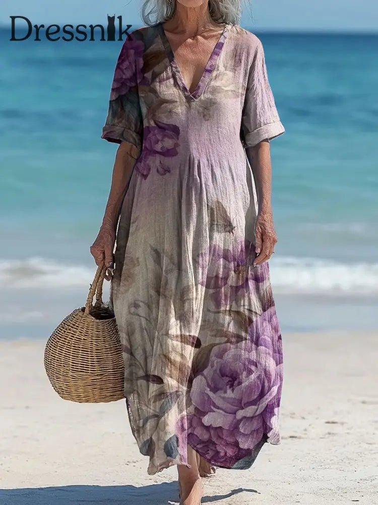 Vintage Bohemian-Blumen druck mit V-Ausschnitt Elegantes schickes lockiges Midi-Kleid A / S