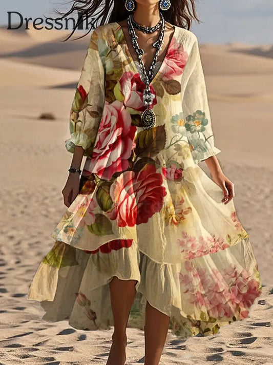 Vintage Bohemian-Blumen druck mit V-Ausschnitt Elegantes schickes lockiges Midi-Kleid A / S