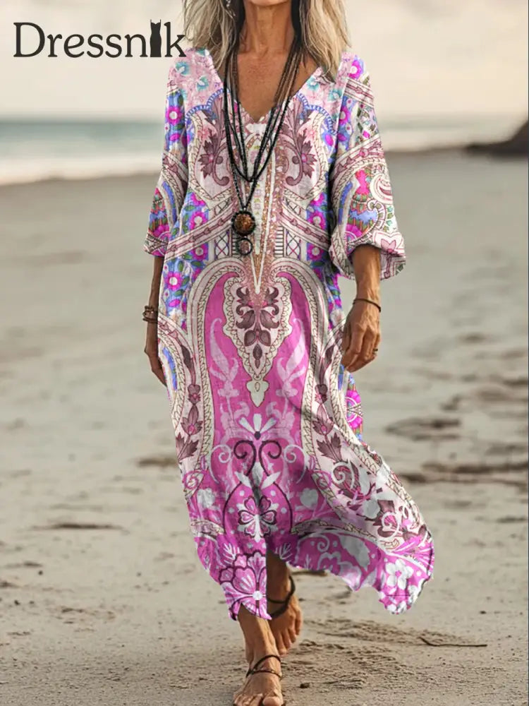 Vintage Bohemian-Blumen druck mit V-Ausschnitt Elegantes schickes lockiges Midi-Kleid A / S
