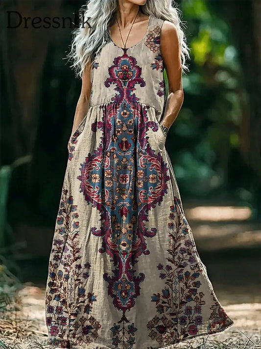 Vintage Bohemian-Blumen druck mit V-Ausschnitt Elegantes schickes lockiges Midi-Kleid A / S