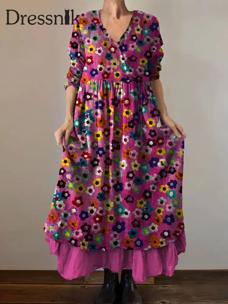 Vintage Bohemian-Blumen druck mit V-Ausschnitt Elegantes schickes lockiges Midi-Kleid A / S