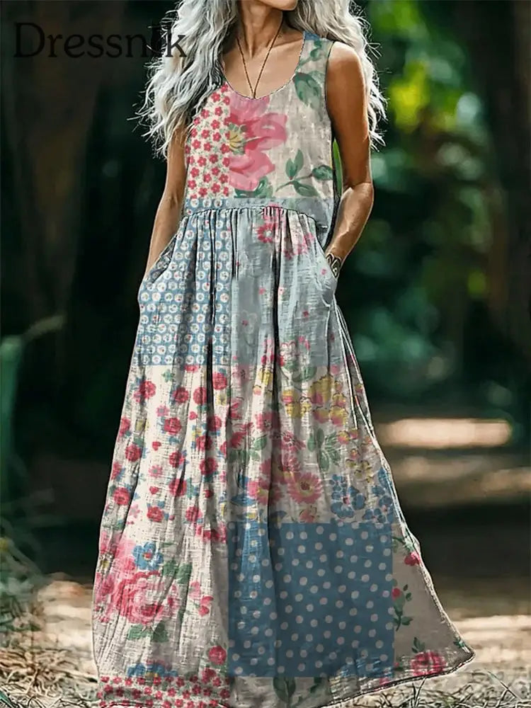 Vintage Bohemian-Blumen druck mit V-Ausschnitt Elegantes schickes lockiges Midi-Kleid A / S