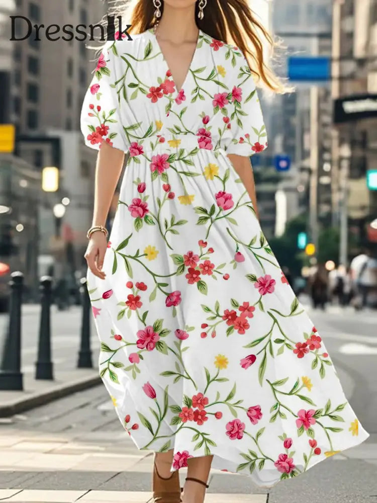 Vintage Bohemian-Blumen druck mit V-Ausschnitt Elegantes schickes lockiges Midi-Kleid A / S