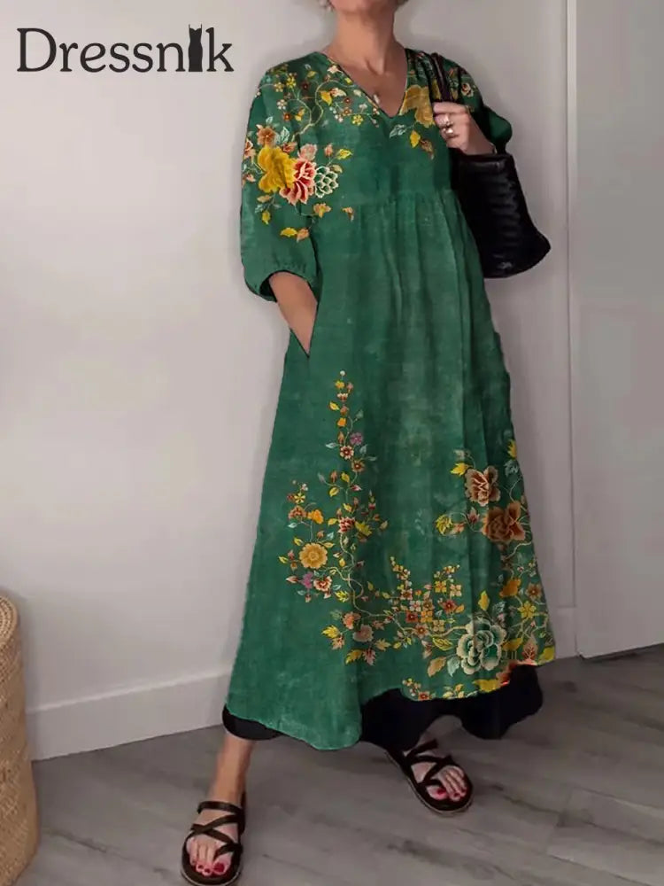 Vintage Bohemian-Blumen druck mit V-Ausschnitt Elegantes schickes lockiges Midi-Kleid A / S