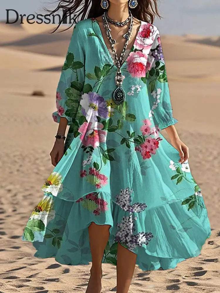 Vintage Bohemian-Blumen druck mit V-Ausschnitt Elegantes schickes lockiges Midi-Kleid A / S