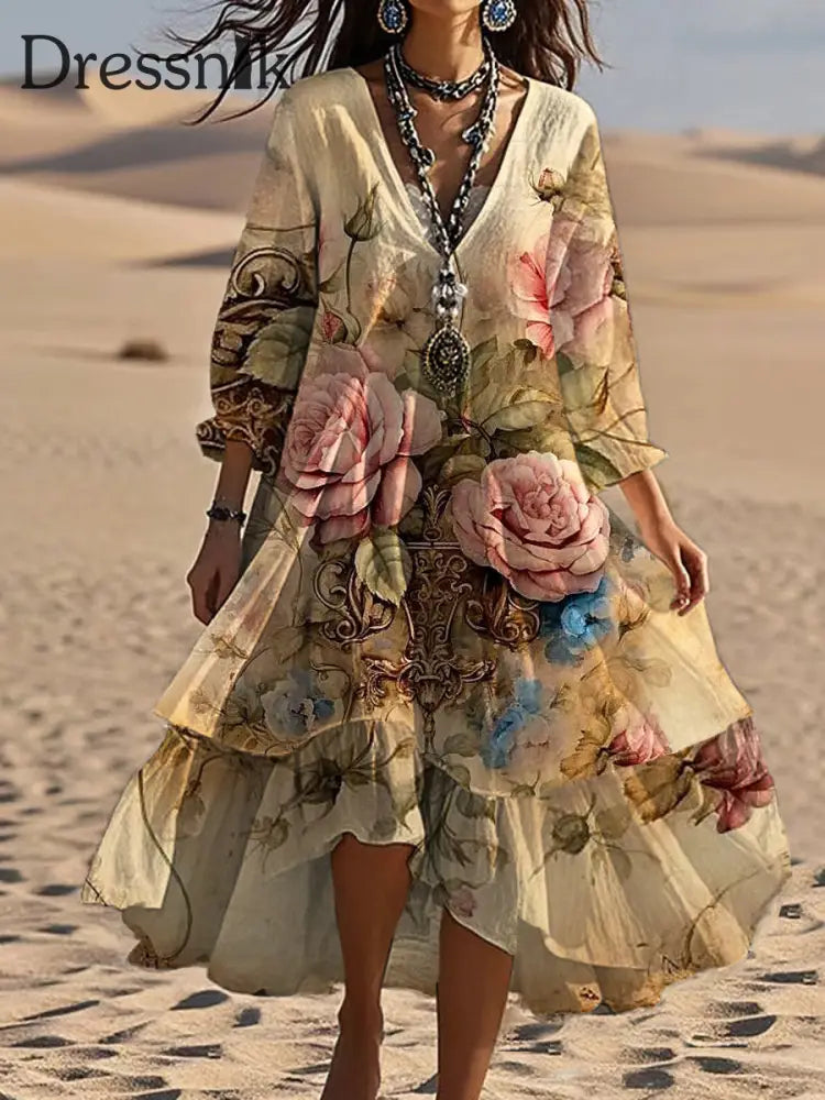 Vintage Bohemian-Blumen druck mit V-Ausschnitt Elegantes schickes lockiges Midi-Kleid A / S