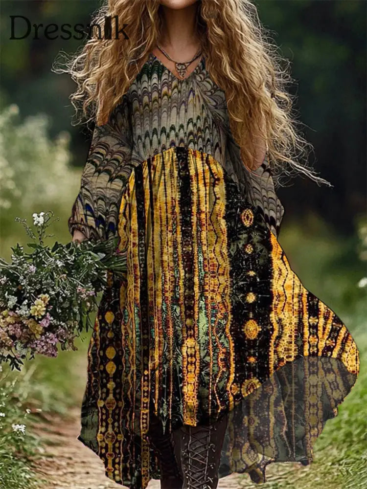 Vintage Bohemian-Blumen druck mit V-Ausschnitt Elegantes schickes lockiges Midi-Kleid A / S