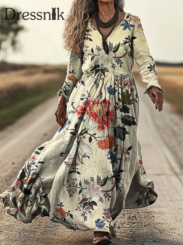Vintage Bohemian-Blumen druck mit V-Ausschnitt Elegantes schickes lockiges Midi-Kleid A / S