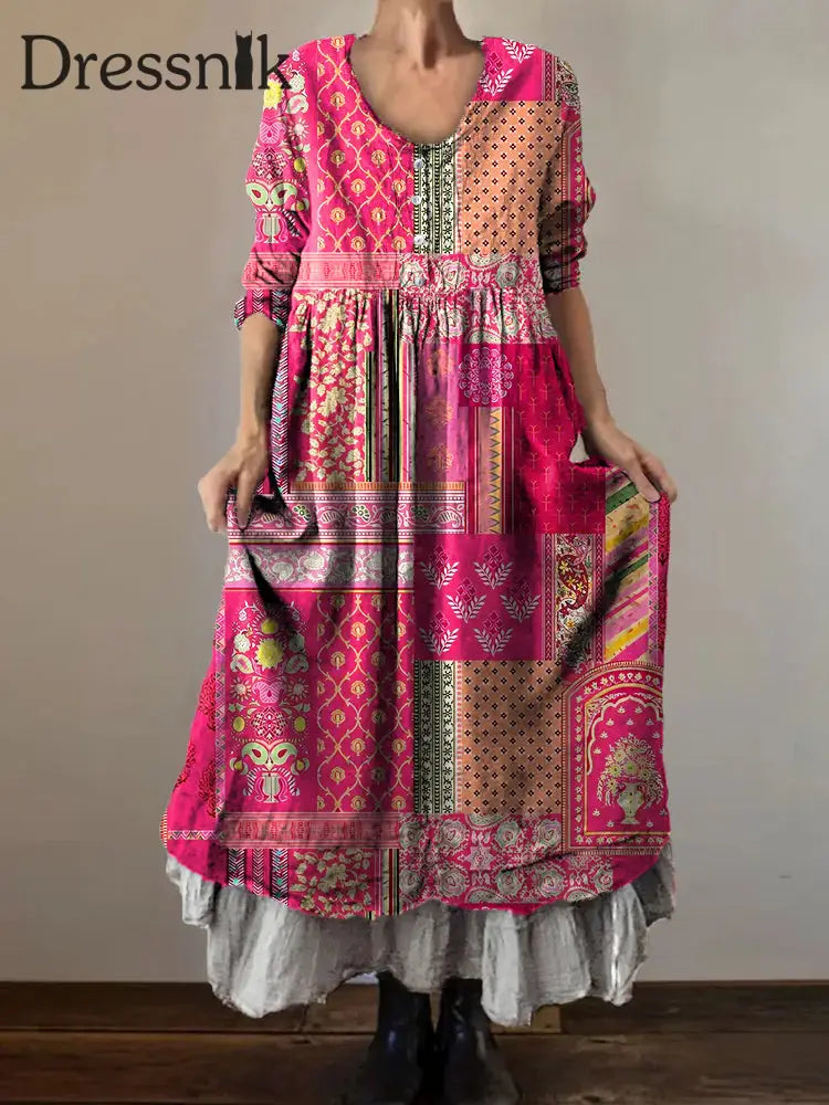 Vintage Bohemian-Blumen druck mit V-Ausschnitt Elegantes schickes lockiges Midi-Kleid A / S