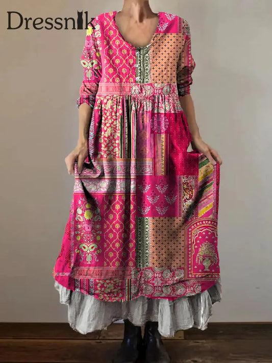 Vintage Bohemian-Blumen druck mit V-Ausschnitt Elegantes schickes lockiges Midi-Kleid A / S