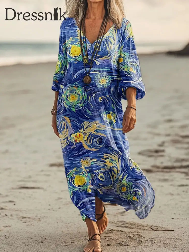 Vintage Bohemian-Blumen druck mit V-Ausschnitt Elegantes schickes lockiges Midi-Kleid A / S