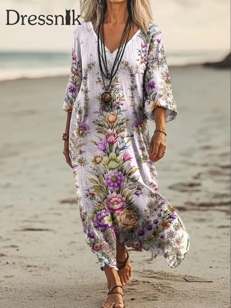 Vintage Bohemian-Blumen druck mit V-Ausschnitt Elegantes schickes lockiges Midi-Kleid A / S