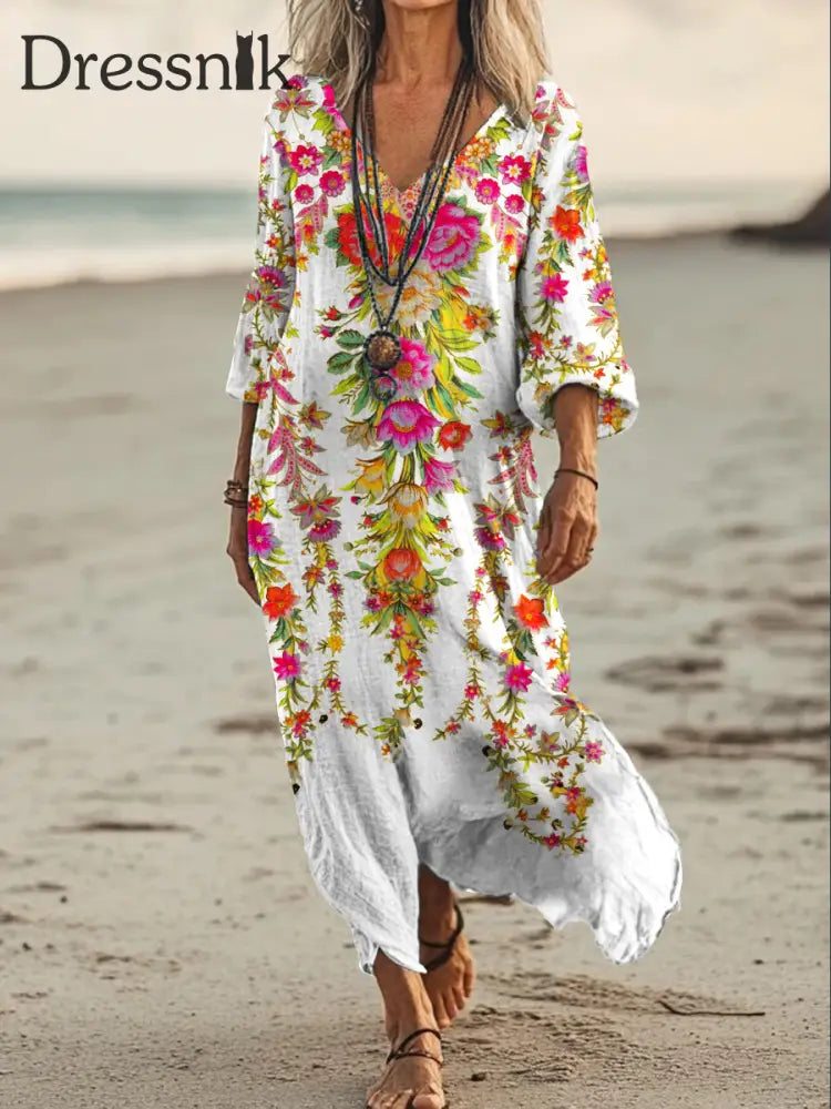 Vintage Bohemian-Blumen druck mit V-Ausschnitt Elegantes schickes lockiges Midi-Kleid A / S
