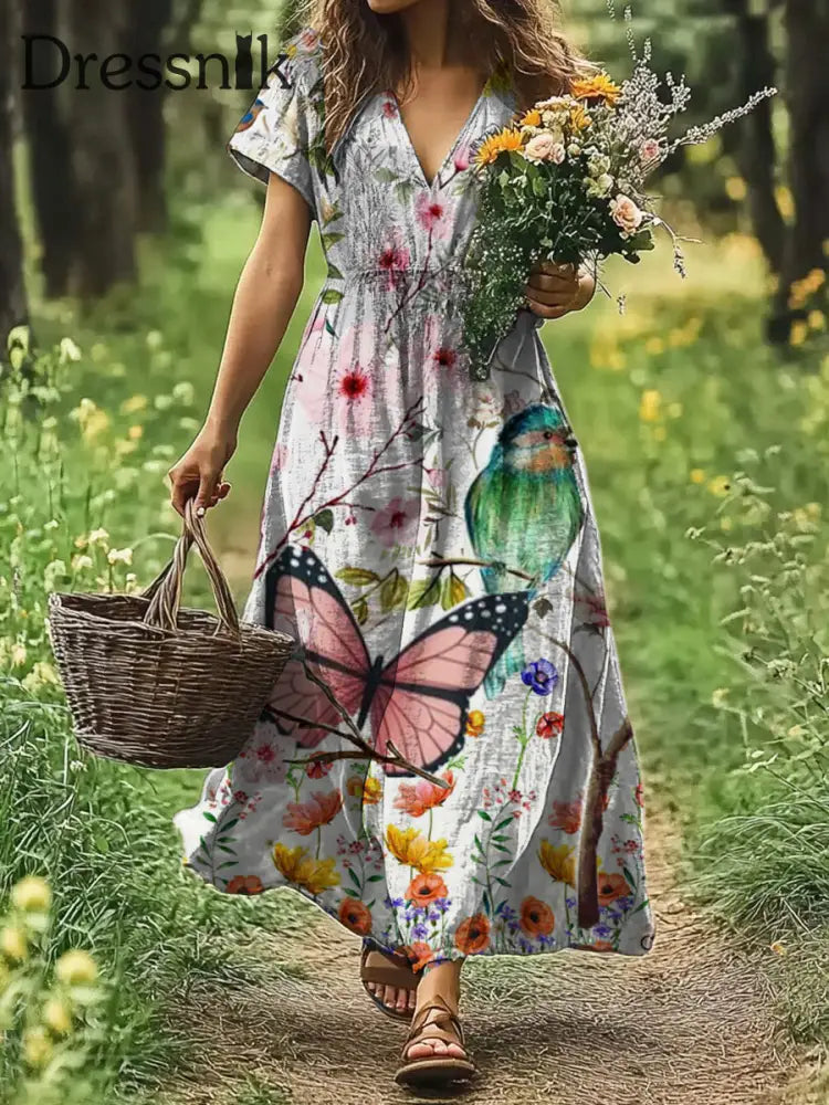 Vintage Bohemian-Blumen druck mit V-Ausschnitt Elegantes schickes lockiges Midi-Kleid A / S