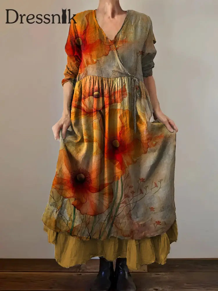 Vintage Bohemian-Blumen druck mit V-Ausschnitt Elegantes schickes lockiges Midi-Kleid A / S