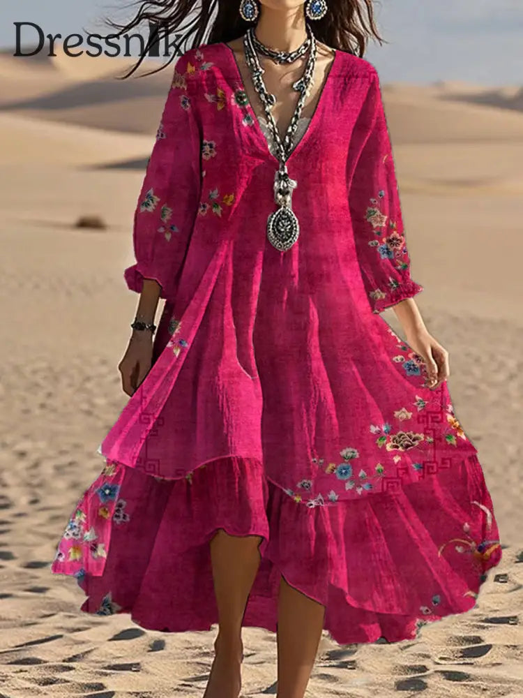 Vintage Bohemian-Blumen druck mit V-Ausschnitt Elegantes schickes lockiges Midi-Kleid A / S