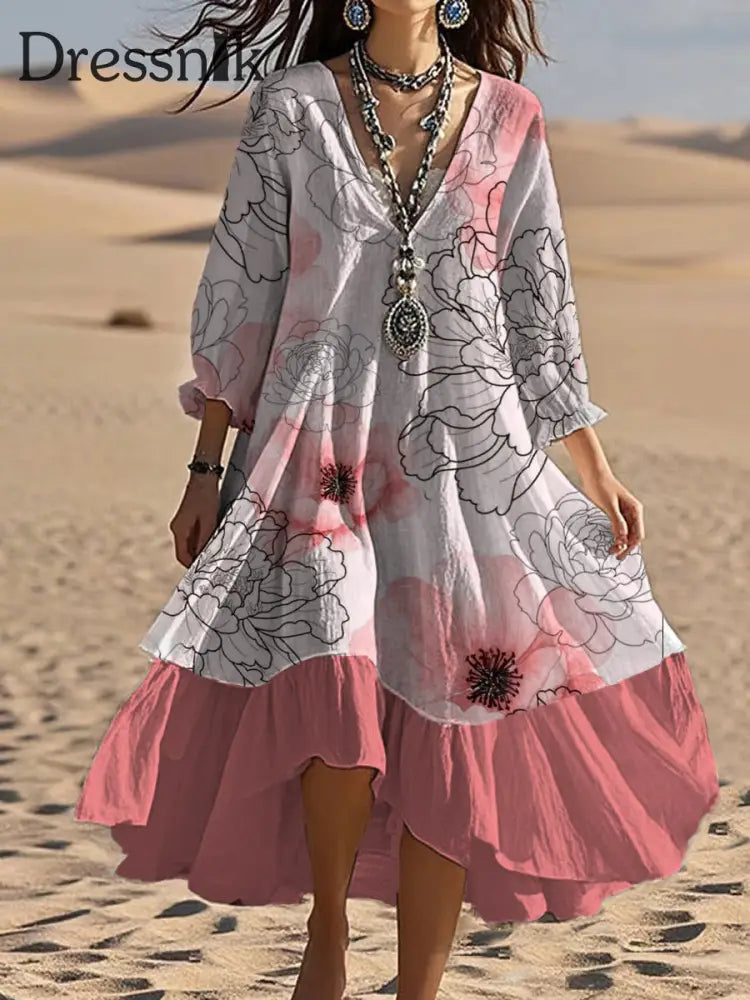 Vintage Bohemian-Blumen druck mit V-Ausschnitt Elegantes schickes lockiges Midi-Kleid A / S