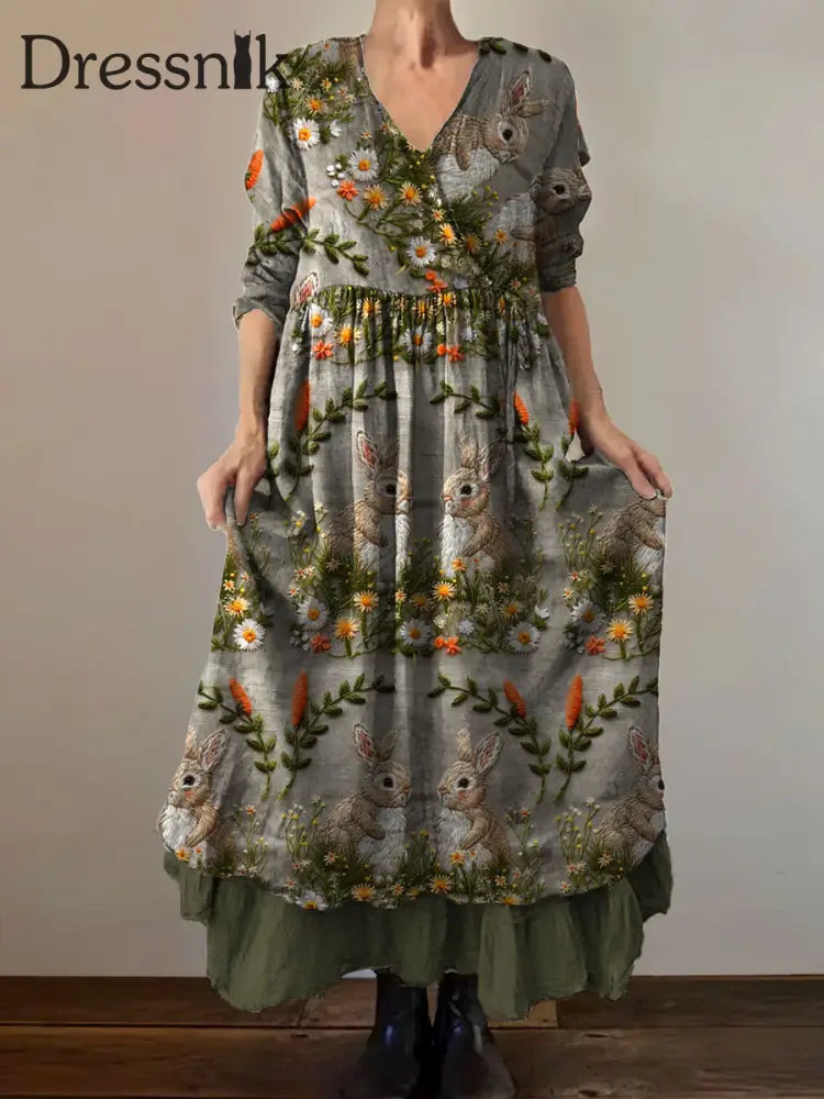 Vintage Bohemian Bunny Blumen druck mit V-Ausschnitt Elegantes schickes lockiges Midi-Kleid A / S