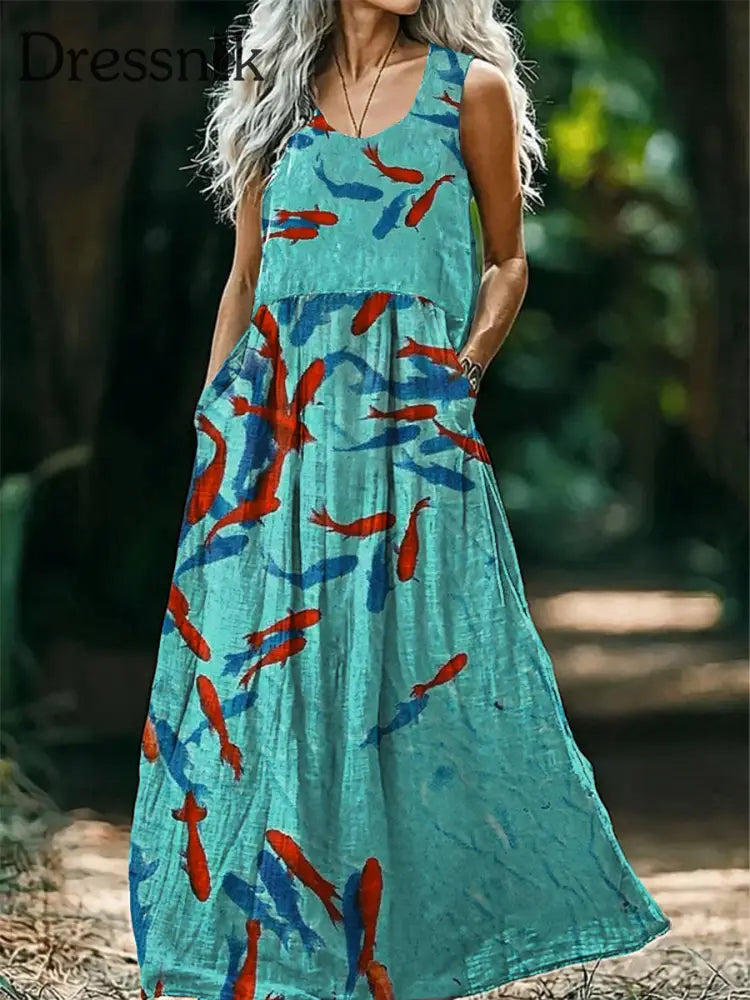 Vintage Bohemian-Fisch-Print mit V-Ausschnitt Elegantes schickes lockiges Midi-Kleid A / S