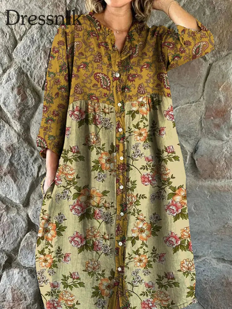 Vintage Bohemian Floral Art Print Chic V-Ausschnitt Dreiviertel Ärmel Knopf Elegantes Midi-Kleid A / S