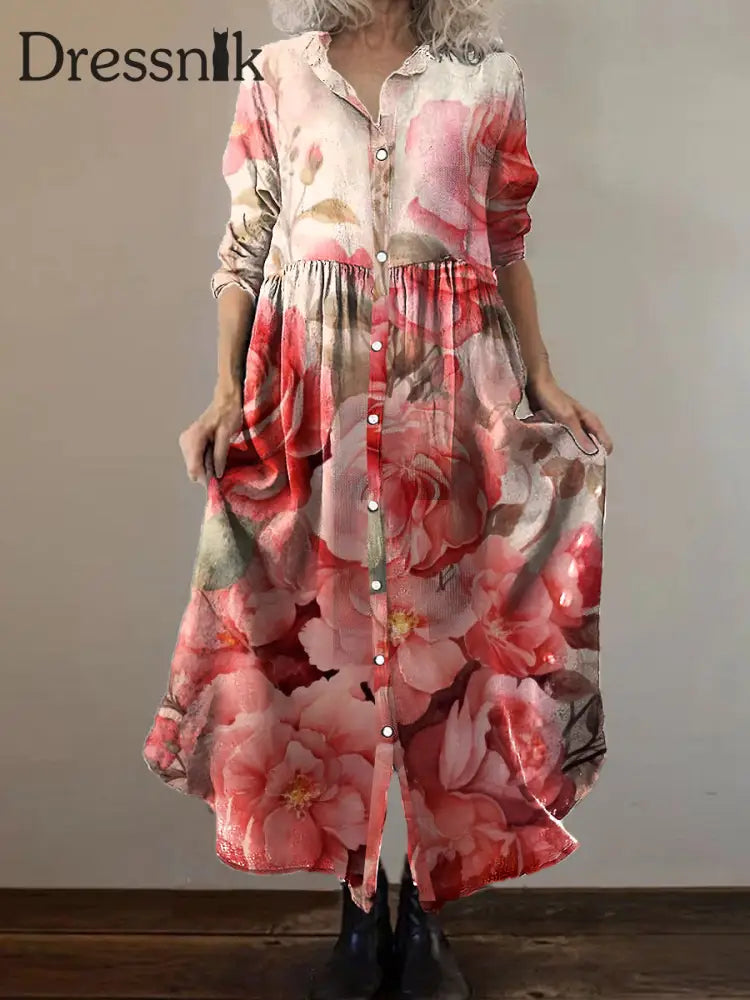 Vintage Bohemian Floral Art Print Chic V-Ausschnitt Dreiviertel Ärmel Knopf Elegantes Midi-Kleid A / S