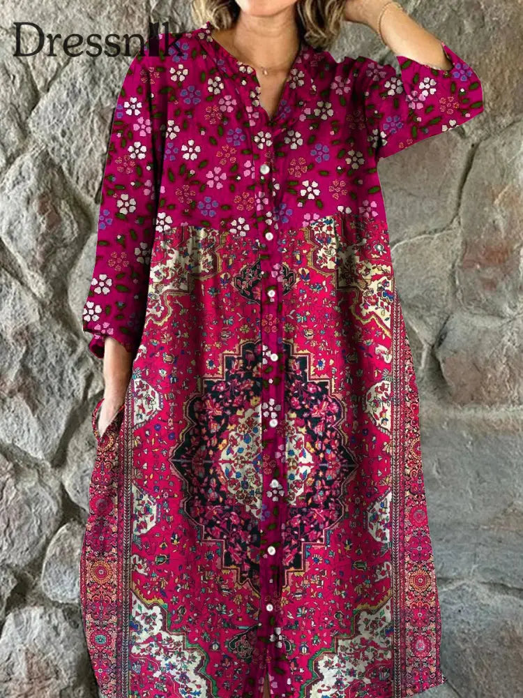 Vintage Bohemian Floral Art Print Chic V-Ausschnitt Dreiviertel Ärmel Knopf Elegantes Midi-Kleid A / S