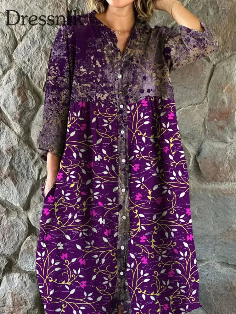 Vintage Bohemian Floral Art Print Chic V-Ausschnitt Dreiviertel Ärmel Knopf Elegantes Midi-Kleid A / S
