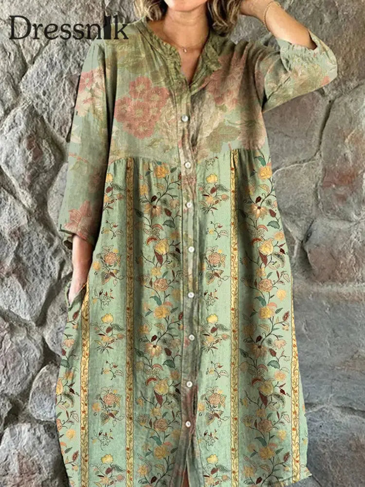 Vintage Bohemian Floral Art Print Chic V-Ausschnitt Dreiviertel Ärmel Knopf Elegantes Midi-Kleid A / S