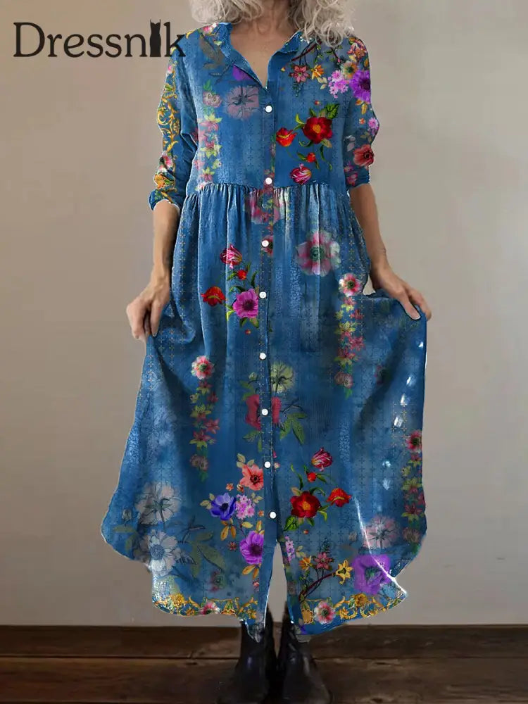 Vintage Bohemian Floral Art Print Chic V-Ausschnitt Dreiviertel Ärmel Knopf Elegantes Midi-Kleid A / S