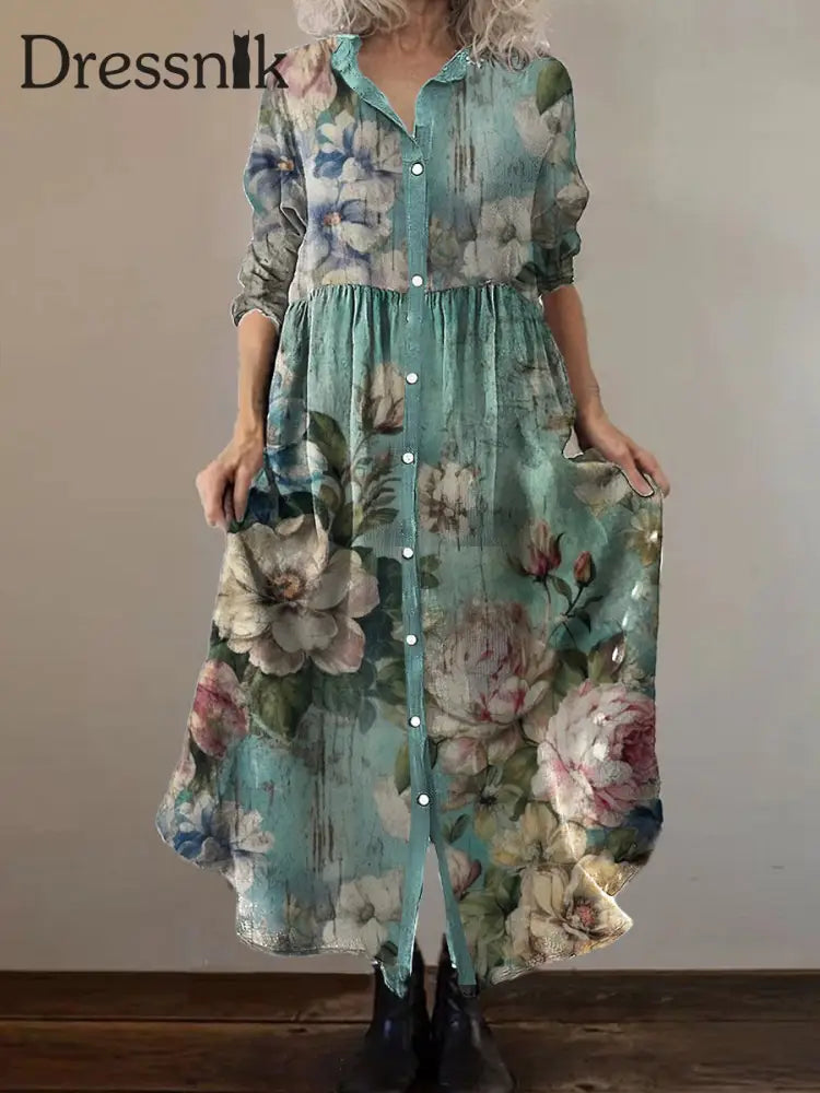 Vintage Bohemian Floral Art Print Chic V-Ausschnitt Dreiviertel Ärmel Knopf Elegantes Midi-Kleid A / S