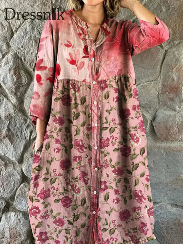 Vintage Bohemian Floral Art Print Chic V-Ausschnitt Dreiviertel Ärmel Knopf Elegantes Midi-Kleid A / S